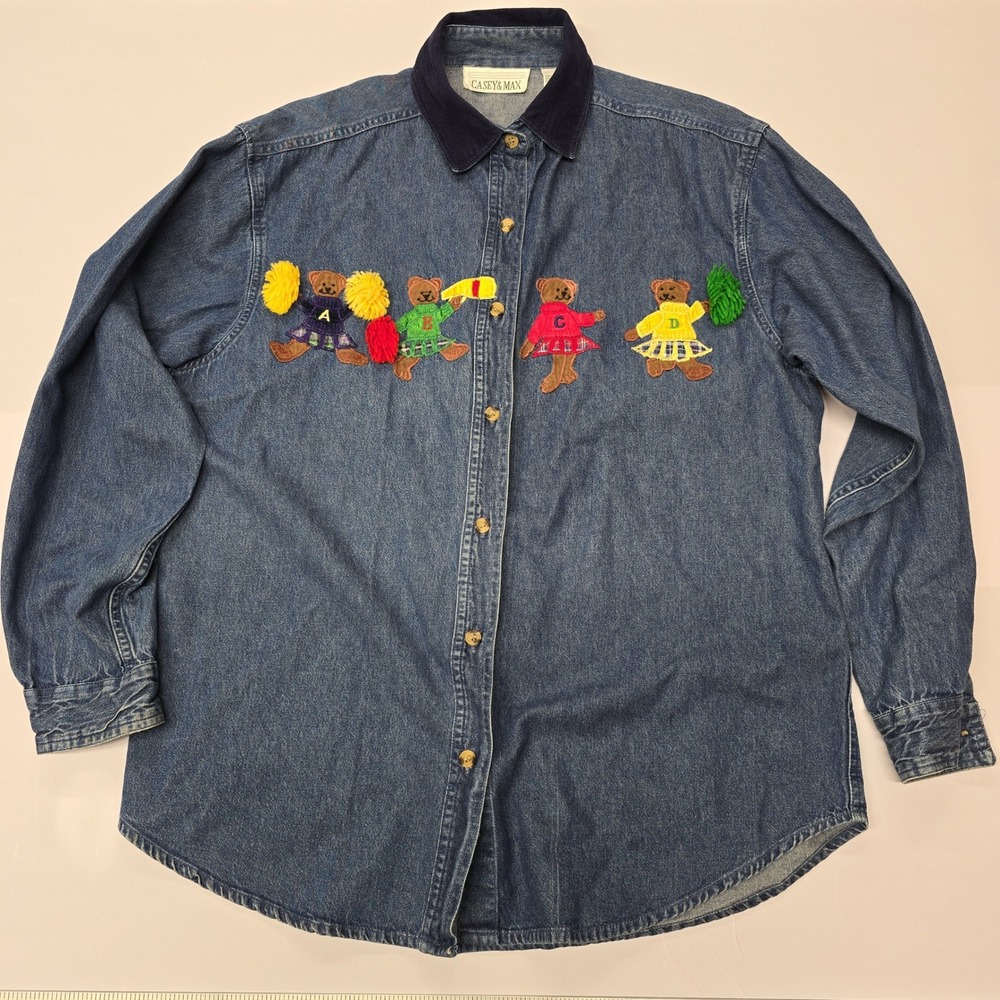 CASEY‎ & MAX Denim Button Up Shirt Women's Medium Embroidered Bears Cheerleaders